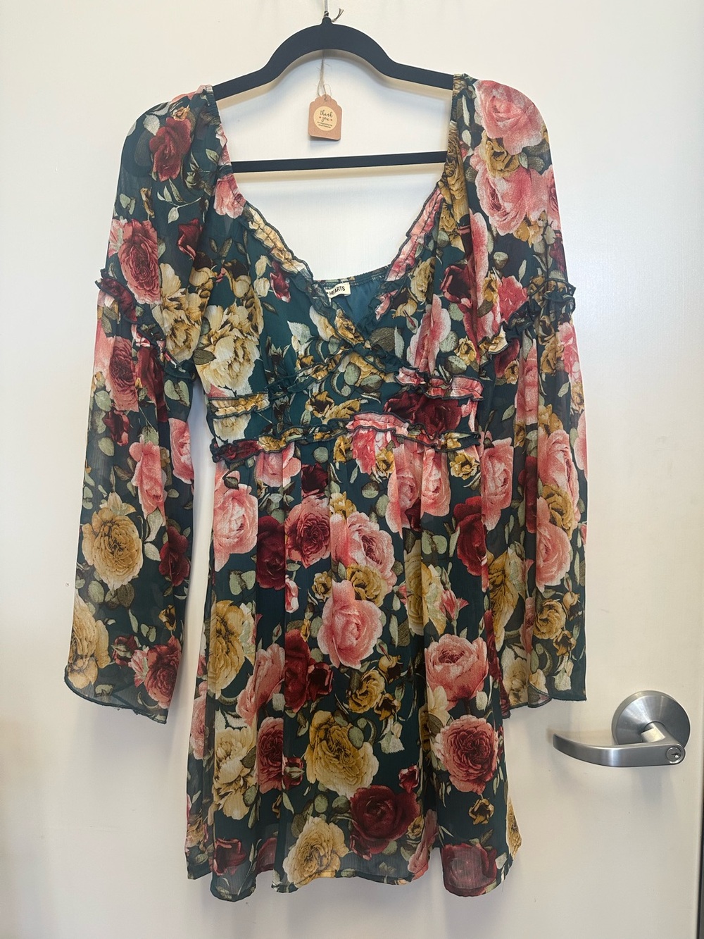 Inspired Hearts Floral V-Neck Long Sleeve Mini Dress - Green/Pink/Gold